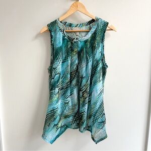 Dana Buchman Printed Sharkbite Hem Flowy Tank Top Teal Green Blue L